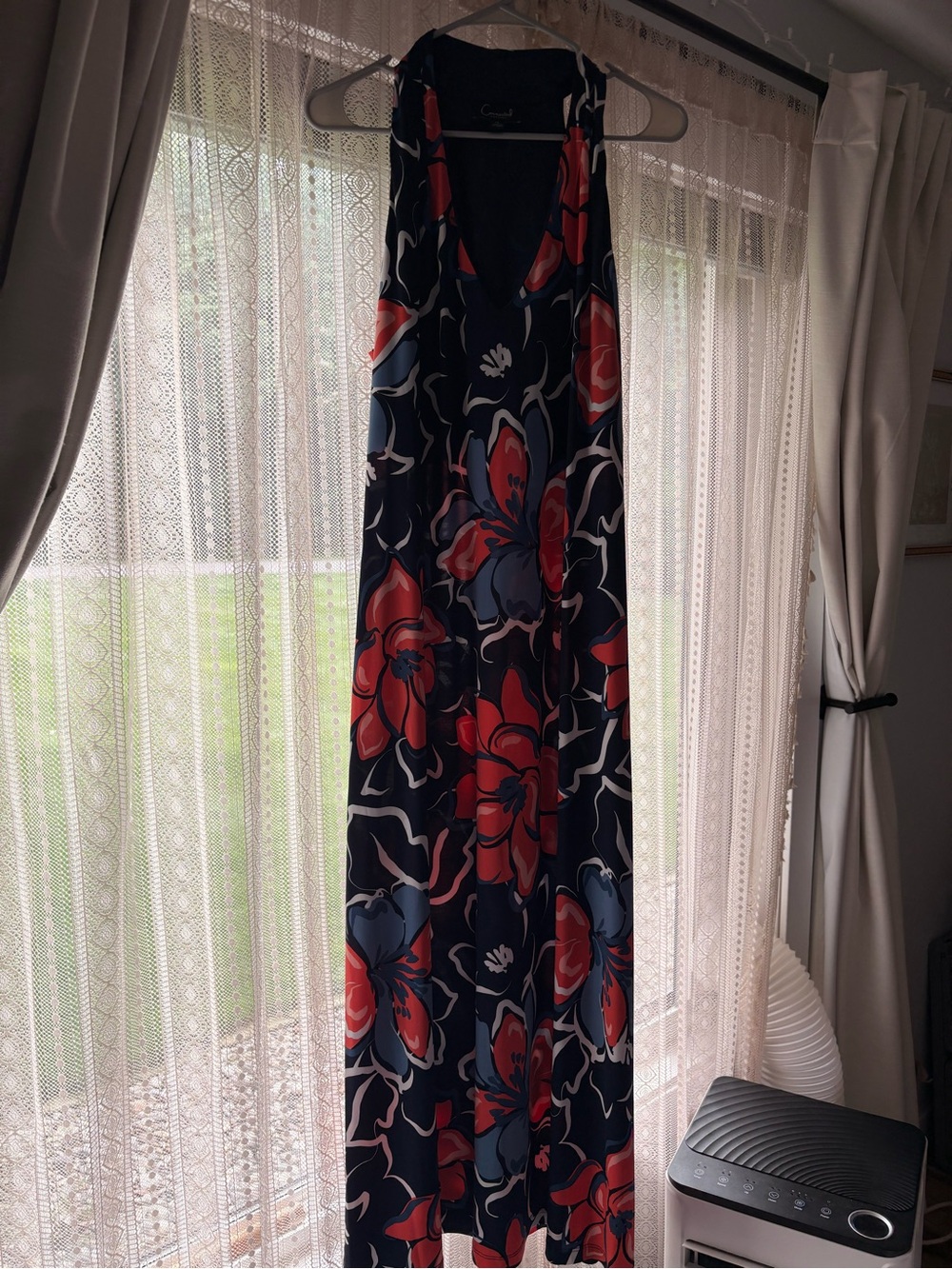 Connected Apparel Navy Maxi Dress with Orange & Blue Floral Print